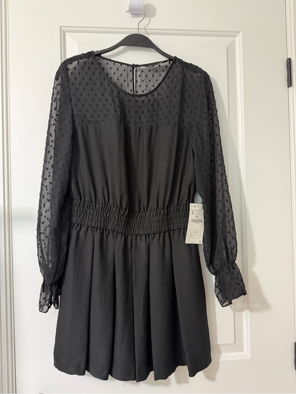 Zara Black Long-Sleeve Swiss Dot Smocked-Waist Dress